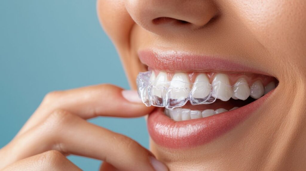 A woman putting on an Invisalign aligner